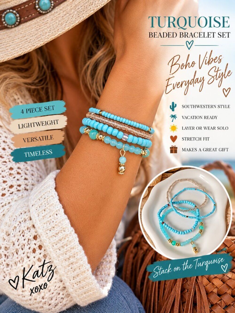 Turquoise Beaded Bracelet Set 4 Boho Western Stretch Stack Gold Tone Charm NWT